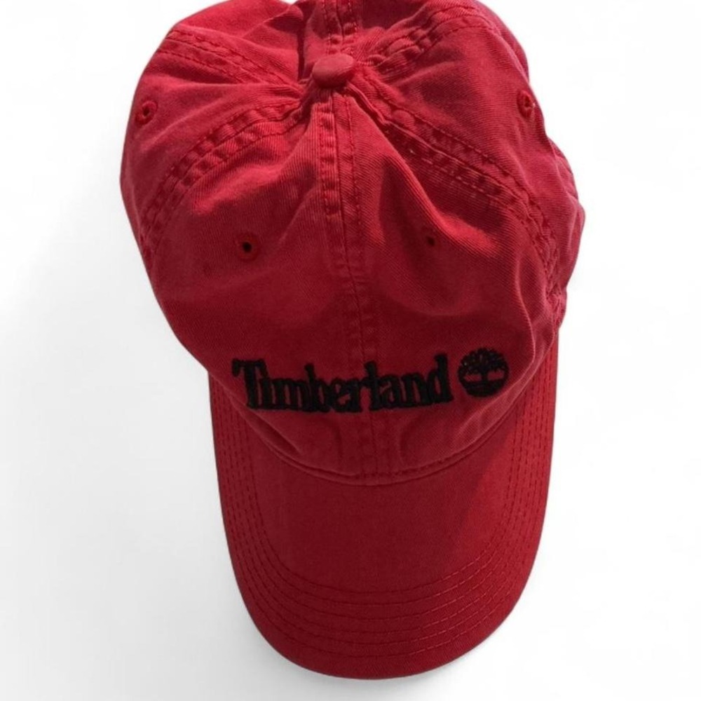 Timberland Baseball Cap Mens OSFM Red Excellent Leather Strapback Logo Hat
